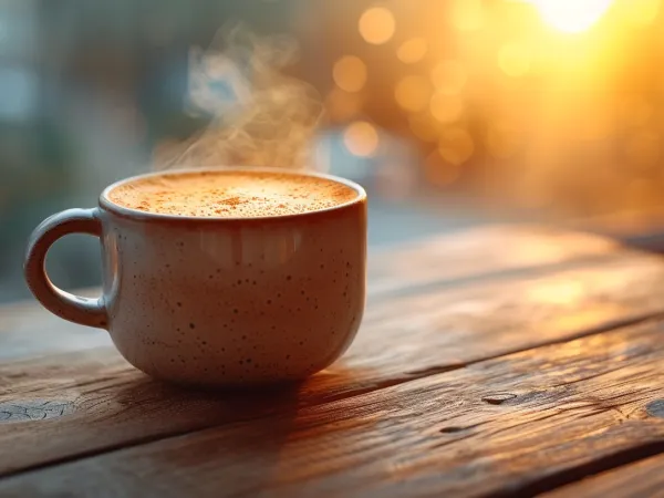 A steaming cup of coffee on a wood table top