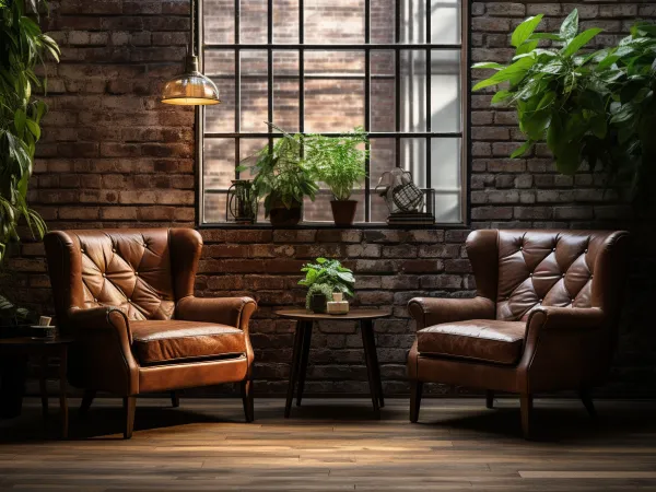 Two leather chairs in a cozy space