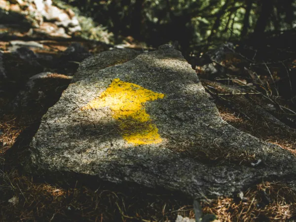 yellow arrow painted on a rock